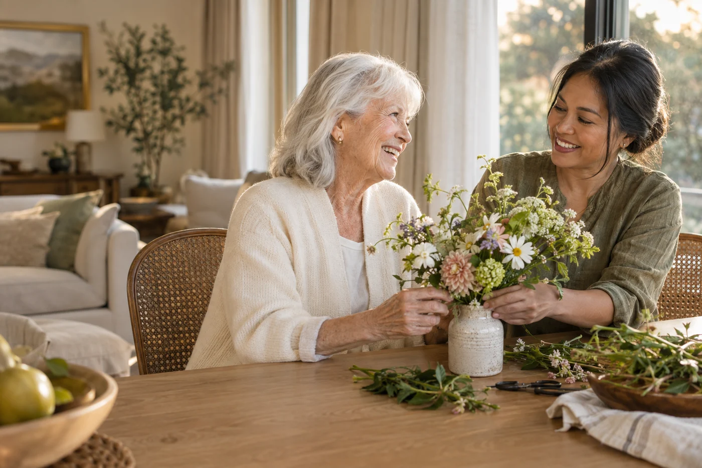 A caregiver and an older adult arranging flowers