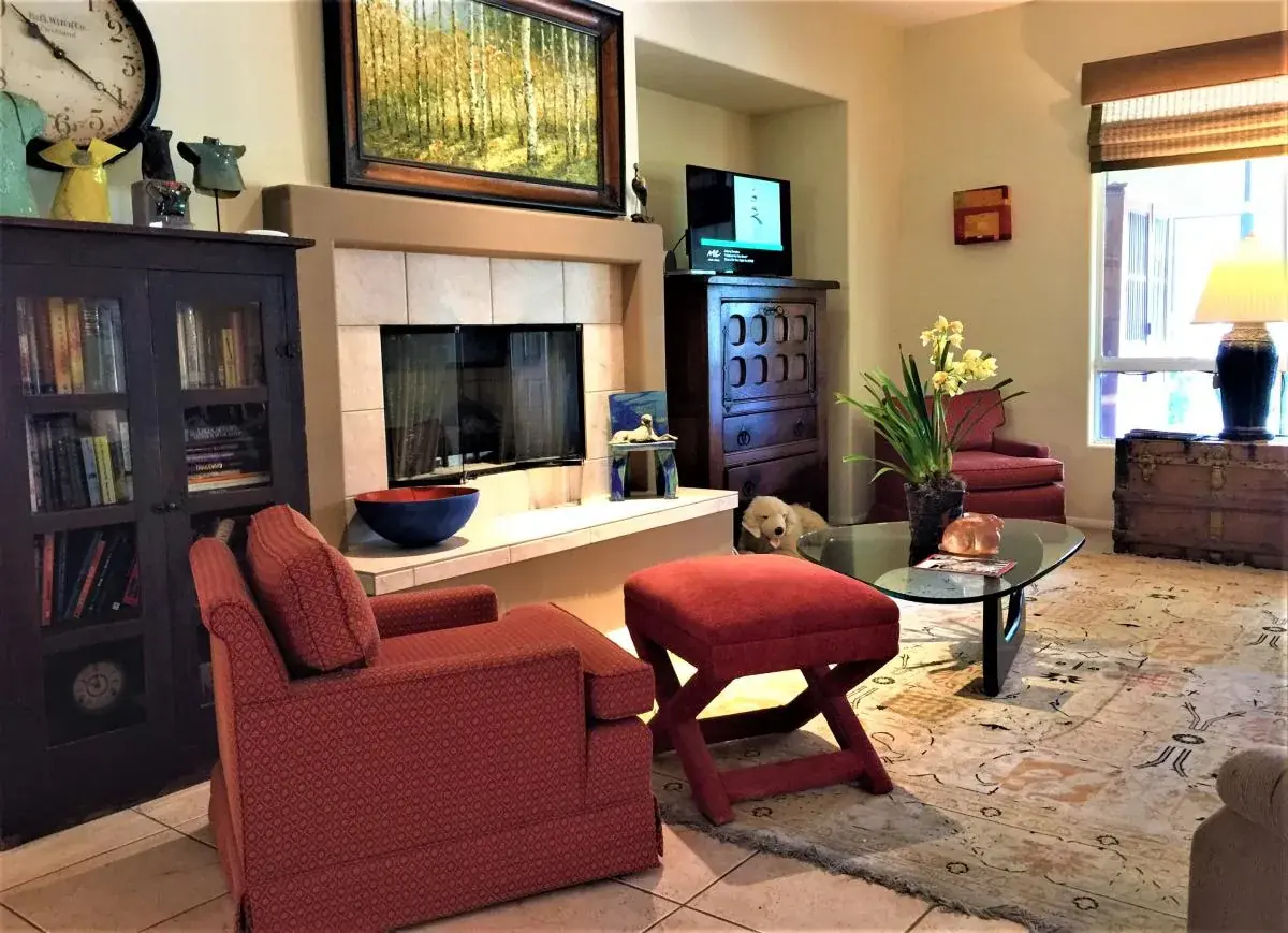 Another view of the living room with armchairs and fireplace